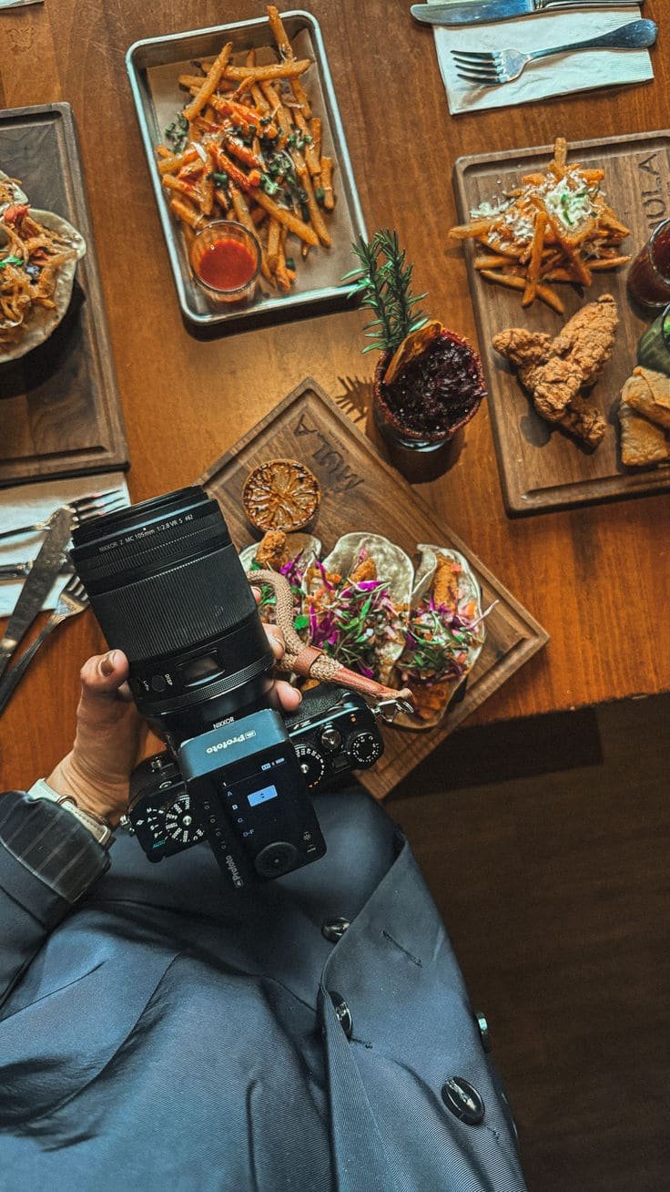Fotógrafo capturando conteúdo profissional de pratos em um restaurante